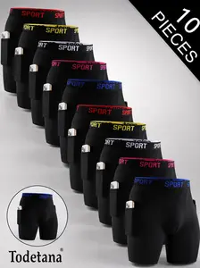 Todetana 10 Pcs Men’s Boxer Briefs with Side Pockets, Solid Color Letter Tape Underwear, Breathable Comfortable Boxers for Daily & Sports Wear