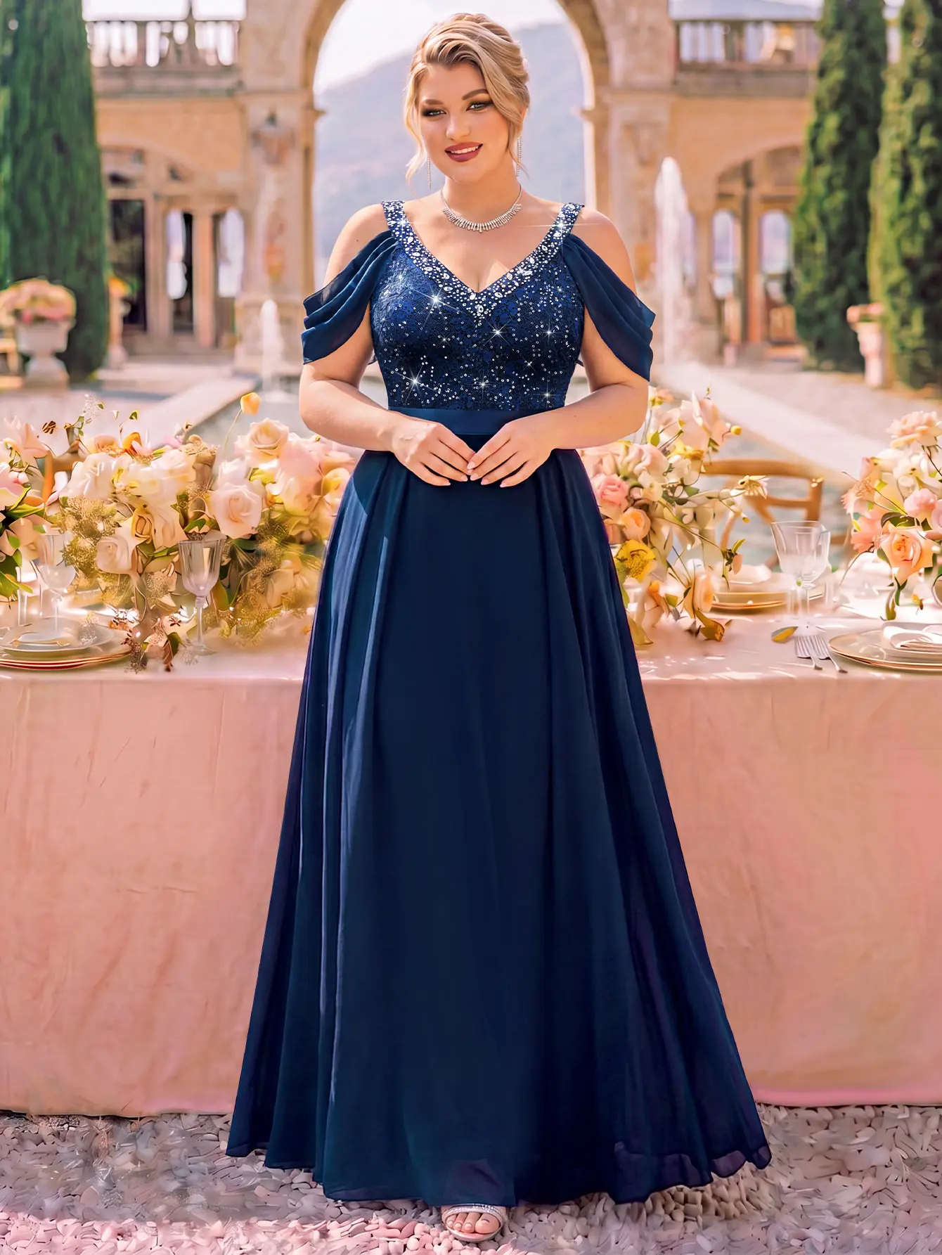 【Plus Size】missmay P26988 Women's Off Shoulder Sequin Floral Lace Contrast Chiffon Formal Party Maxi Dress For Wedding Guest