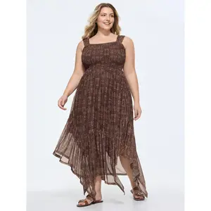 BloomChic Plus Size Casual Paisley Print Polyester Maxi Dress with Smocked Bodice, Ruffled Asymmetrical Hem and Side Pocket Womenswear Sleeveless Brown