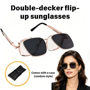 Retro steampunk square metal frame glasses, gold-rim double-layer flip sunglasses, stylish silver eyewear, a pair that can be worn two ways—trendy sunglasses suitable for events,  holidays; a versatile streetwear staple for both men and women. outdoor