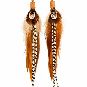 The Cheyenne 6" Wood Dangle Earrings for Women - Brown, Pheasant, Black-White Grizzly Feathers, Gold Accents, Non Tarnish Costume Jewelry