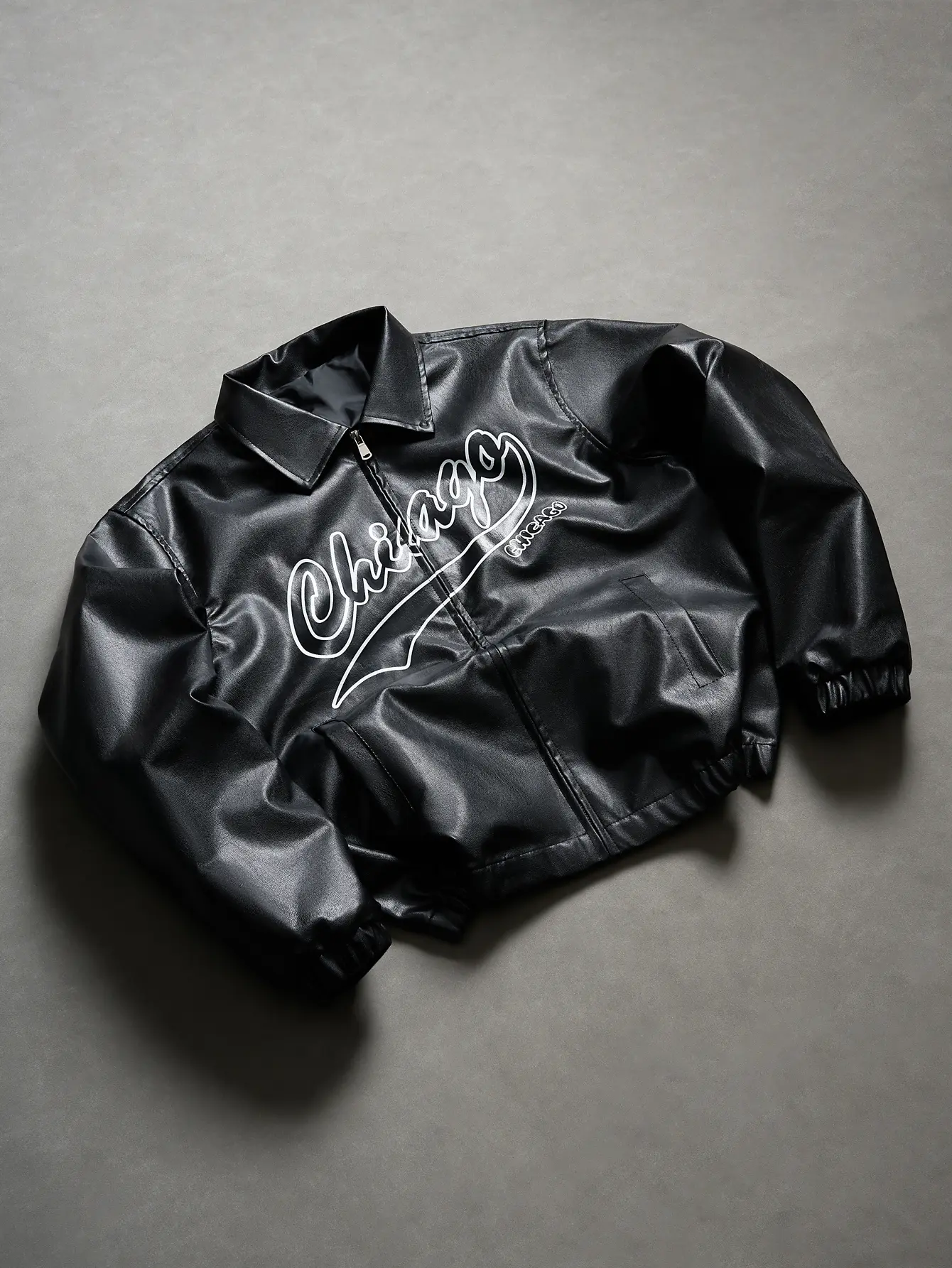 Men's Black Faux Leather Jacket with Chicago Print, Lapel Collar, Zip-Up, Vintage Bomber Biker Coat