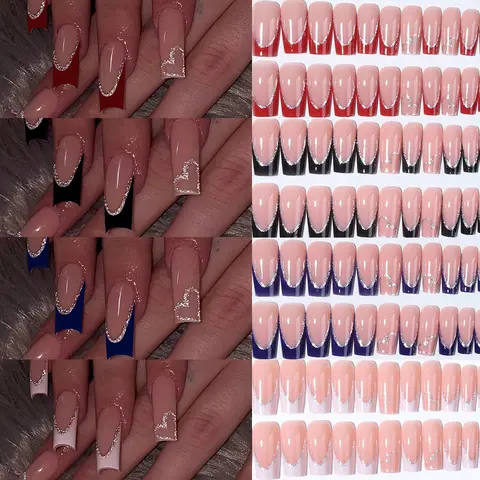 96pcs Square Short Acrylic Nail Tips Set, Glossy Finish, Mixed Designs, Decorative Nails, Glossy Fake Nails, Press-On False Nails for Women & Girls, Daily Use & Parties