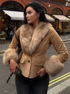Fashion Women's Jacket Suede Faux Fur Jacket Fall/Winter Camel Collared Button Long Sleeve Outerwears New In Coats & Jackets Elegant Slim Fitted Coats For Woman Lady Womenswear Casual Fashionable Jacket
