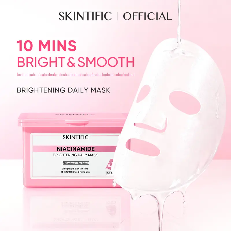 [New Launch] SKINTIFIC Niacinamide Brightening Daily Mask 10-minute daily brightening treatment uneven skin tone 30pcs/box, Cruelty-Free, Black Friday Gifts, Holiday Gifts