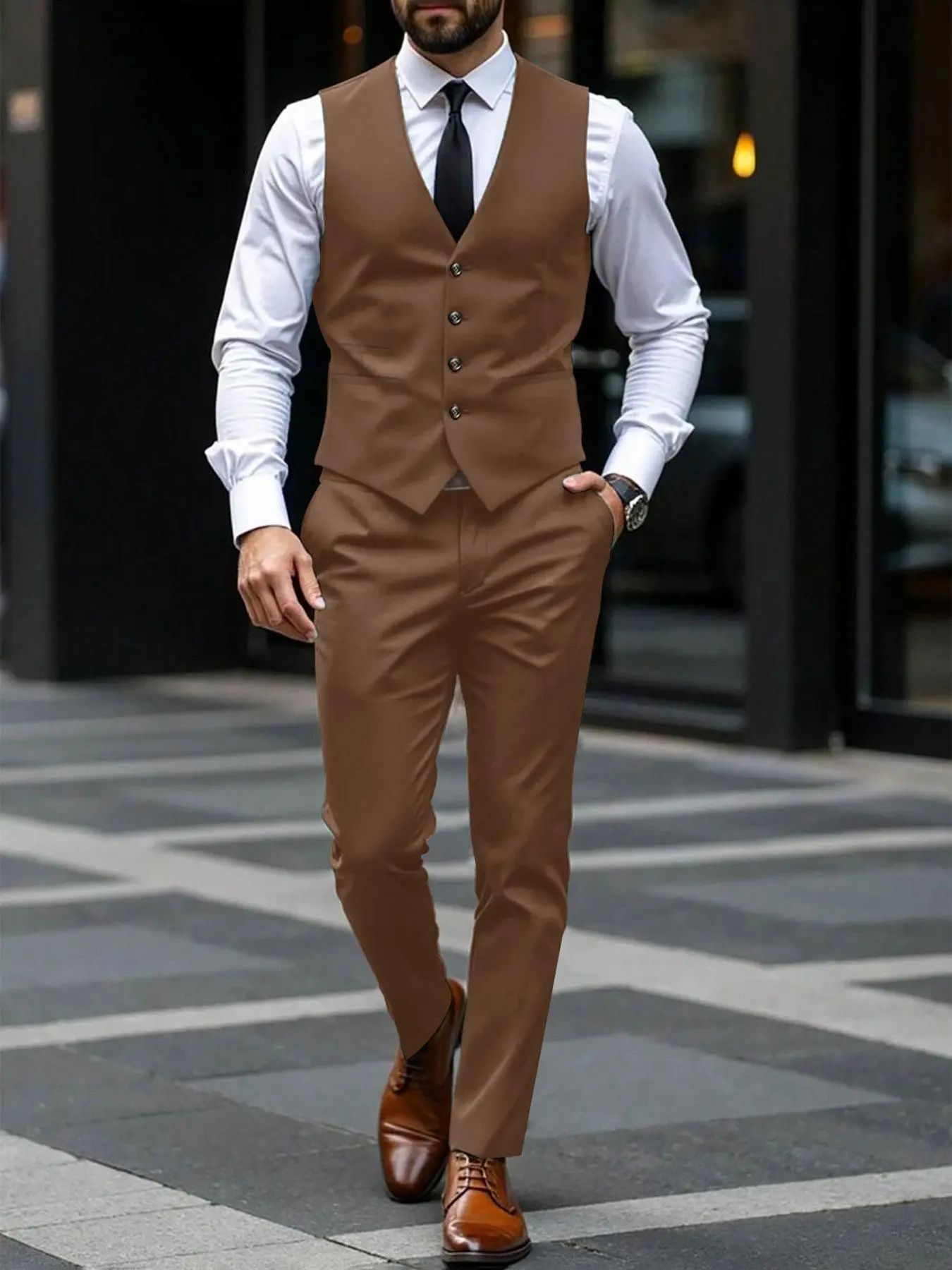 Men's Solid Color Suspender Pants Suit Set, Slim Business Formal Suit Set for Wedding Party, Men's Clothing for Summer, Menswear