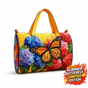 Trendy Summer Quilted Floral & Butterfly Print Travel Bag, Cute Women's Tote & Storage Purse for Casual Trips & Vacation