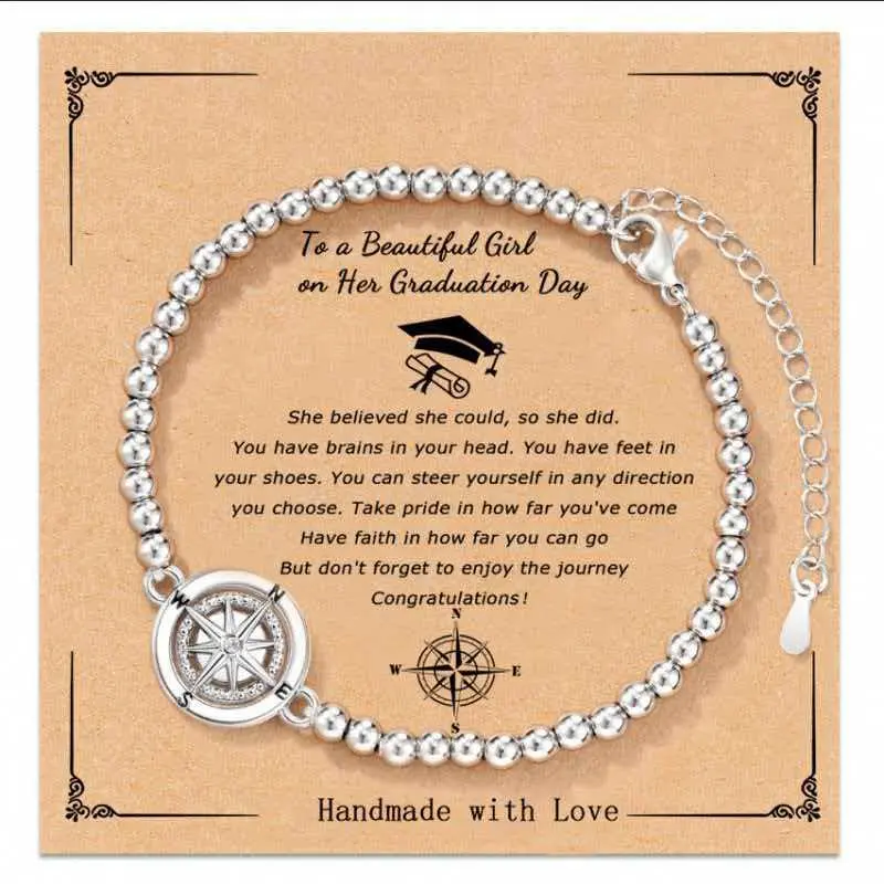 Graduation Compass Beaded Bracelet for Her, Inspirational Graduation Gift for Teen Girls Women, Silver Adjustable Compass Charm Bead Bracelet with Gift Card, Senior Graduation Congratulation Jewelry Gift for Daughter Niece Best Friend