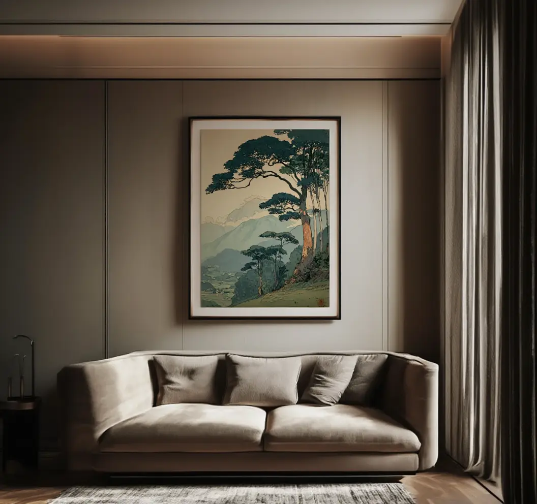 Japanese Forest Poster Mountain Landscape Wall Art Minimalist Nature Decor Print