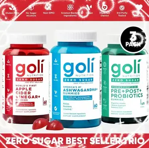 Goli Zero Sugar Best Seller Trio 3 Pack | Apple Cider Vinegar, Ashwagandha & Pre+Post+Probiotics Gummies, Digestive & Immune Support, Stress Relief, Vegan Non-GMO Gluten Free Keto Friendly Dietary Supplement