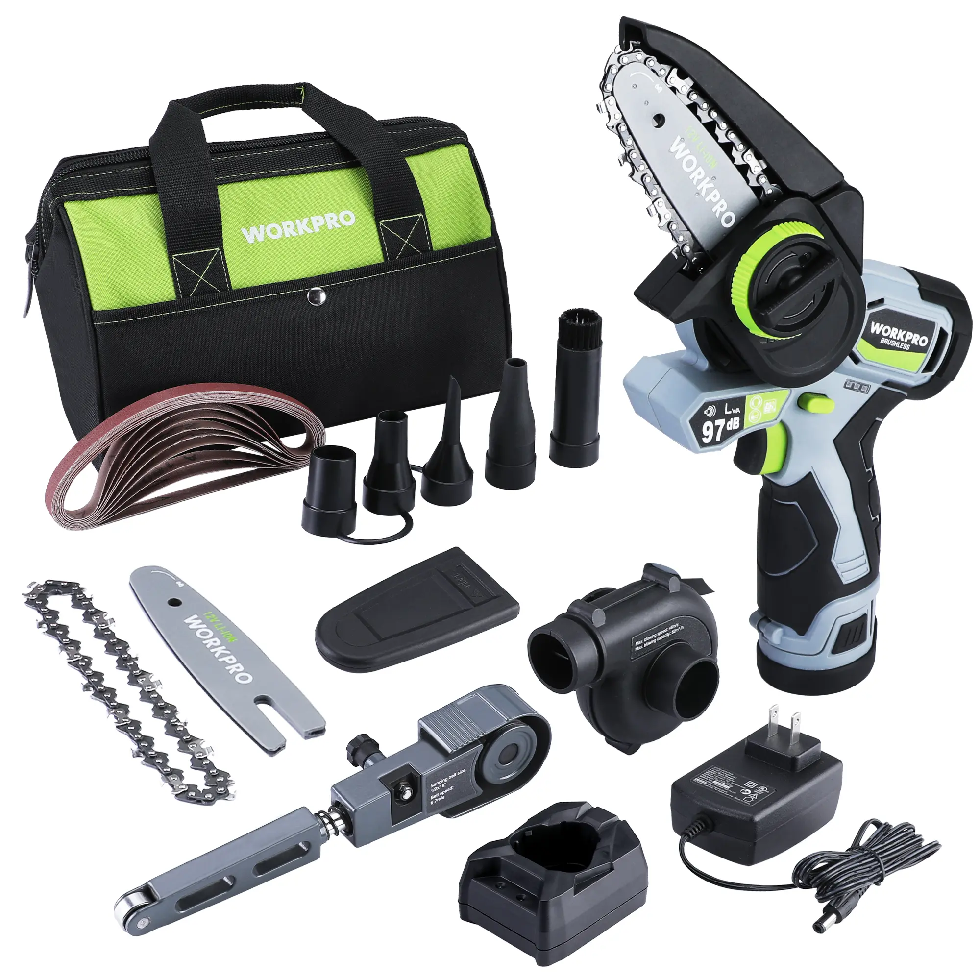 #Summervibes WORKPRO 12V Cordless Mini Chain Saw, Electric Blower, Detail Belt Sander, 3-in-1 Power Tool Combo Kit, Powerful Brushless Motor, with 2 Batteries, Fast Charger and Storage Bag