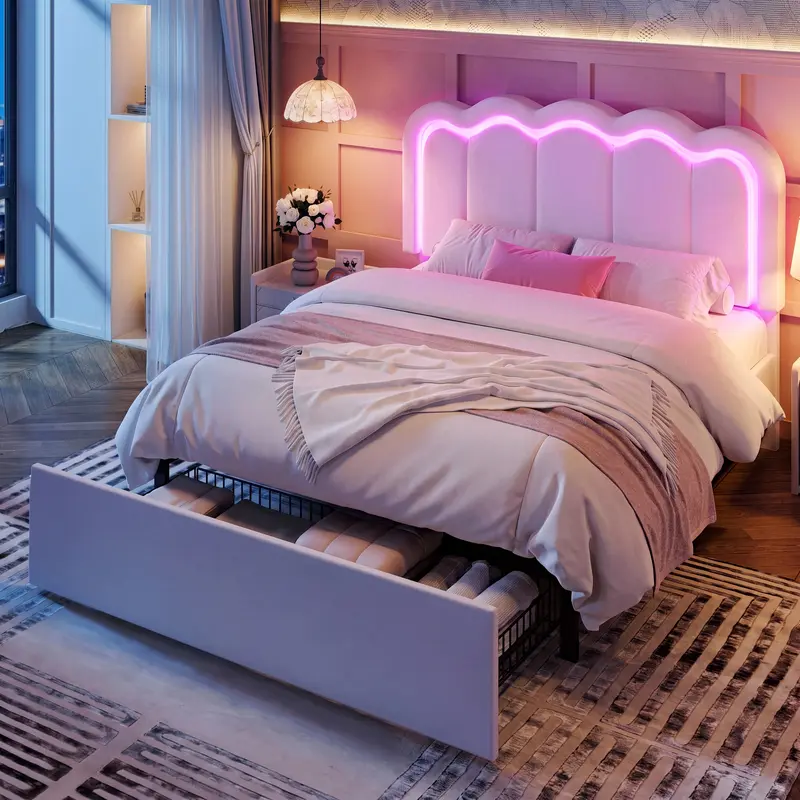 MUTIOCR Velvet Upholstered Bed Frame with Smart LED Lights Large Storage Drawer Adjustable Wavy Headboard No Box Spring Needed Twin Full Queen Sizes White Black Cream Pink