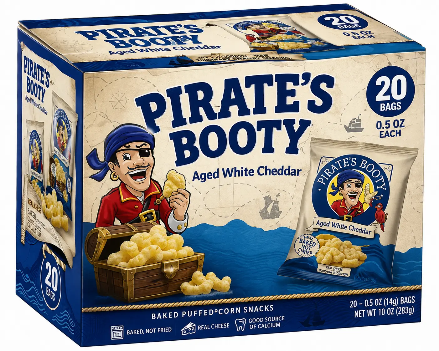Pirate's Booty Aged White Cheddar Baked Rice & Corn Puffs, 20 Count, 0.5 oz Individual Snack Bags