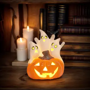 Light Up Ghost Halloween Decor, Cute Halloween Decorations Indoor, LED Ceramic Ghost for Halloween Table, Desk, Tray, Shelf, Bedroom Decor, White Spooky Decorative Ghosts Figurines