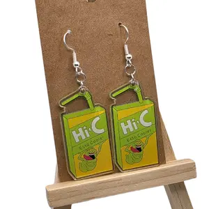 Retro Throwback Juice Box Earrings - Green Hi-C Eco Cooler Design with Character Illustration