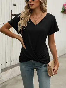 1 Count Spring & Summer Top Solid Color V-neck Shirt, Elegant Twisted Short Sleeve Elegant Top, V Neck Dolman Tops with Side Shirring Loose Fit Shirts Fashion Loungewear Tee, Underwear, Cute Fit Casual Basic Tops, Suitable for Daily and Outing