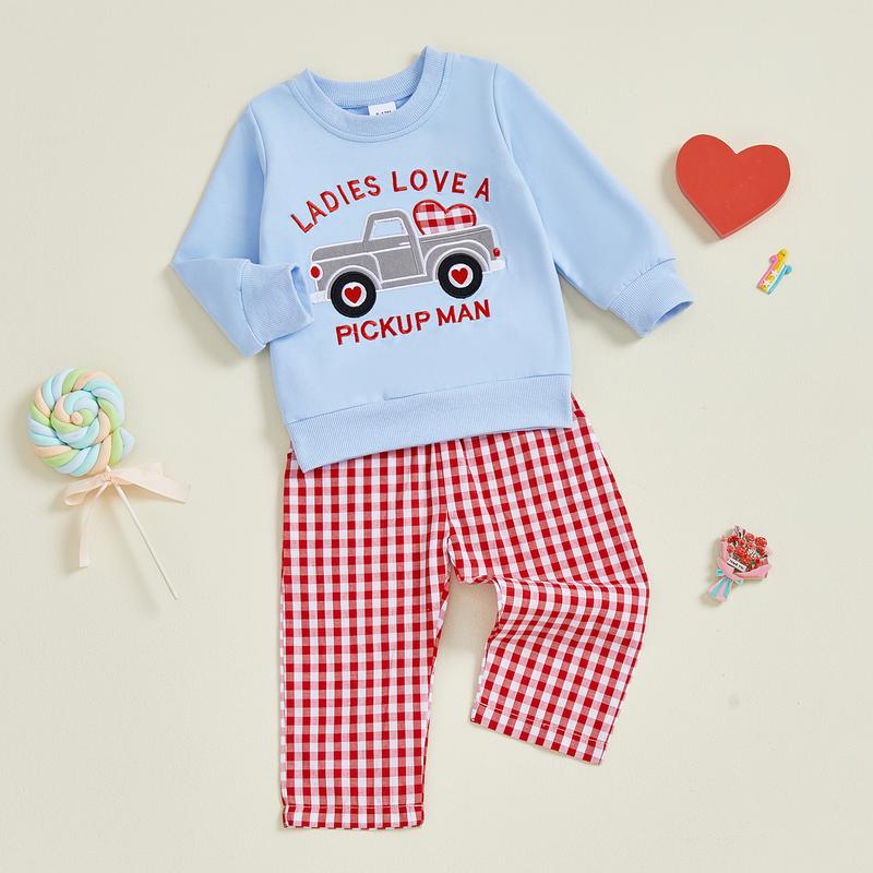 Toddler Baby Boy Outfits Valentine's Day Truck Heart Print Pullover Sweatshirt and Plaid Pants Spring Winter Set 6M-4Y
