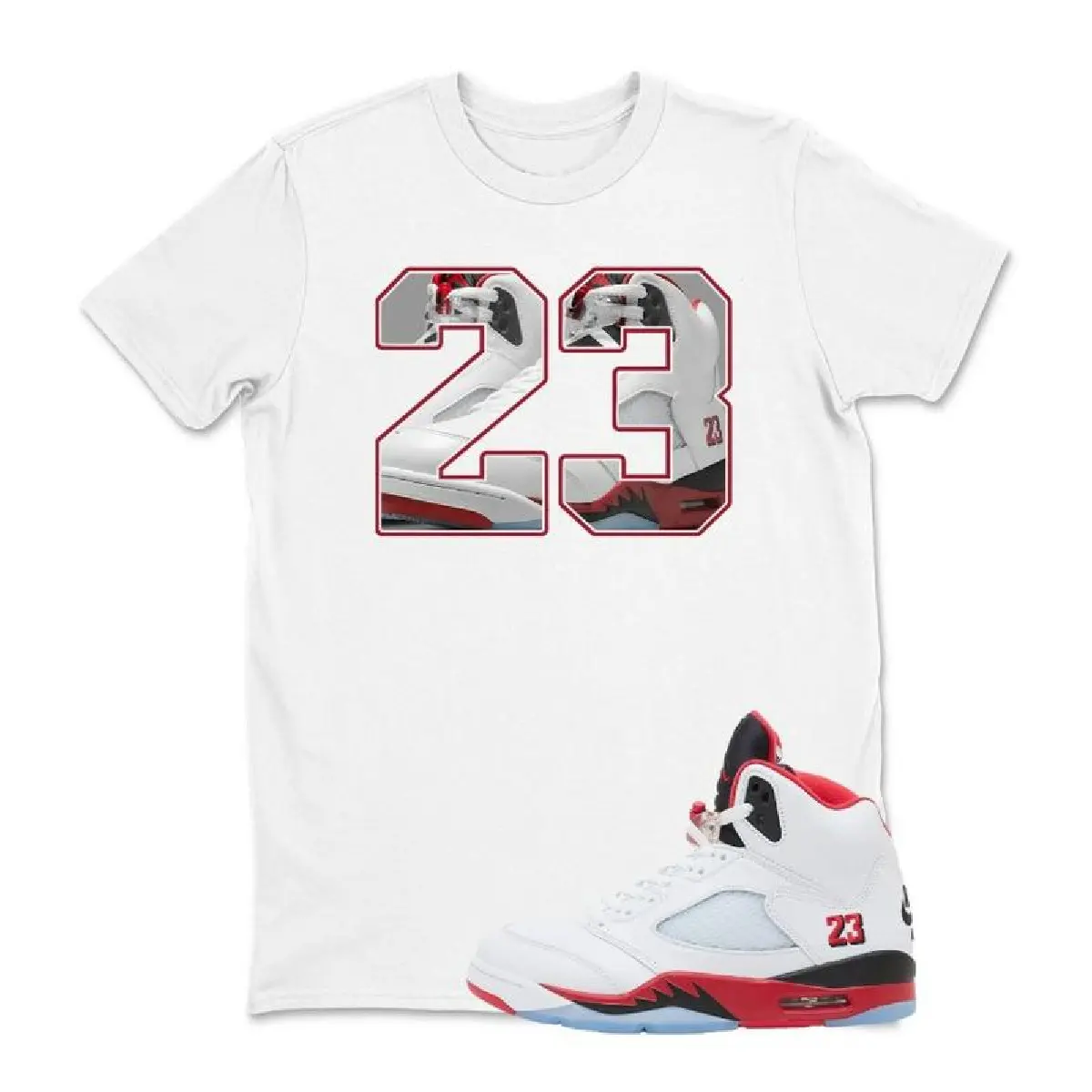 5 Fire Red Shirt, Fire Red 5s Graphic Tee, Number 23 Unisex T-Shirt Matching Jordan 5 Fire Red Sneaker, White Red Outfit,  Cotton, Casual Everyday Wear