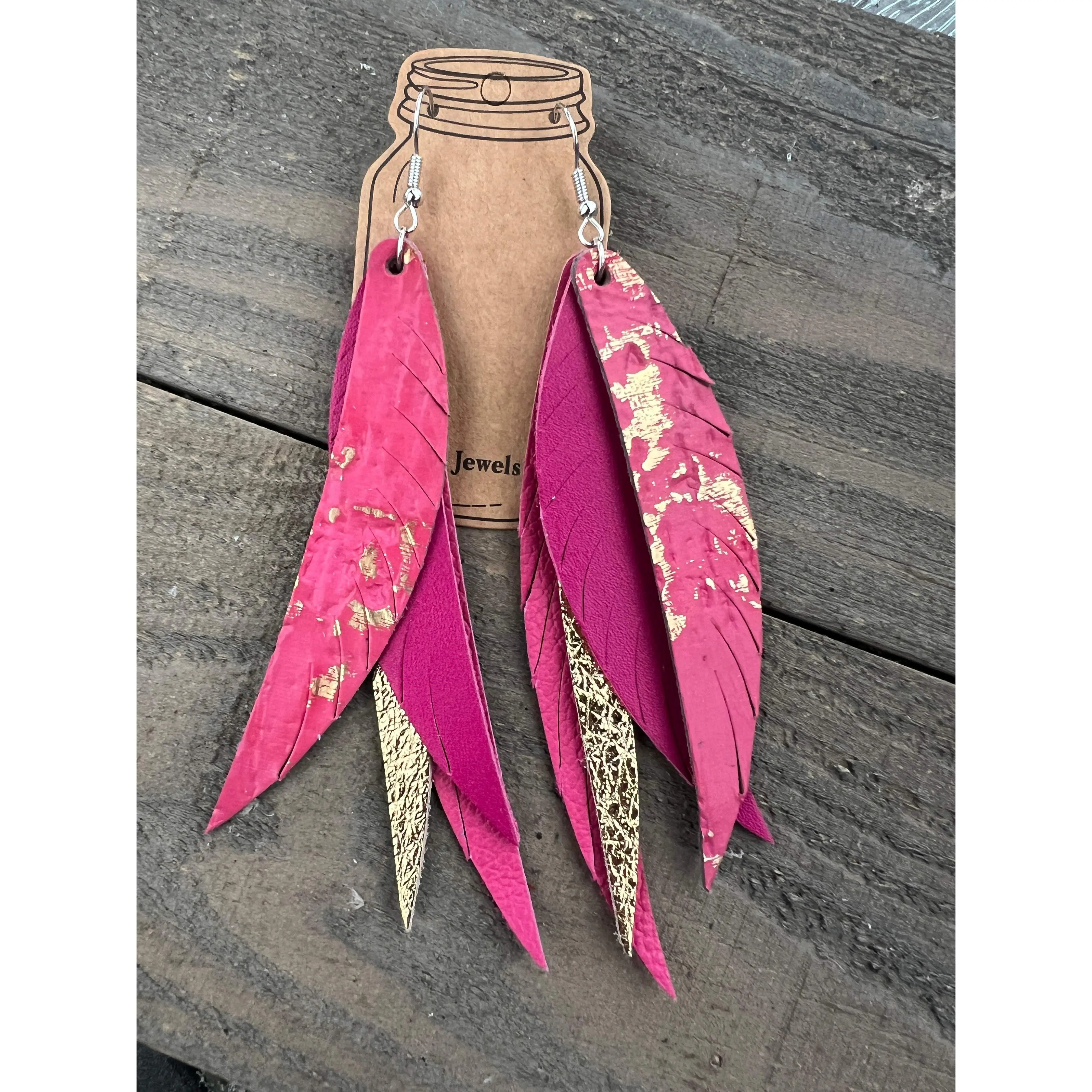 Pink and Gold Stacked Fringe Feather Earrings