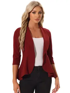 INSPIRE CHIC Classic Draped Collar 3/4 Sleeve Ruffle Hem Work Office Open Front Blazer