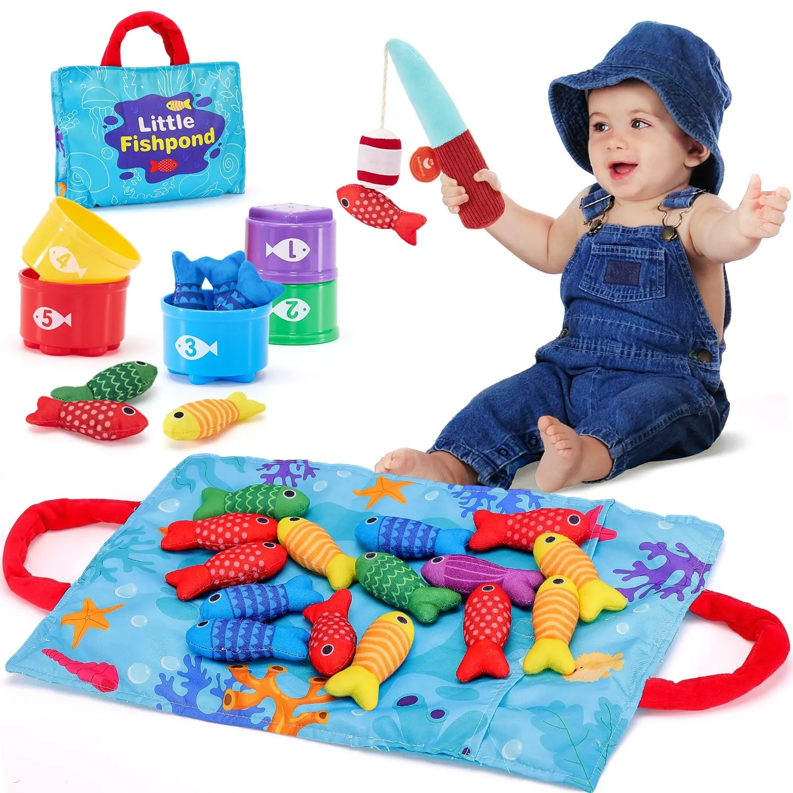Children Fishing Toy Set, Fabric Number Matching Cups, Foldable Storage Bag, Interactive Sticker Game, Party Gift for Boys & Girls, Kid Playset