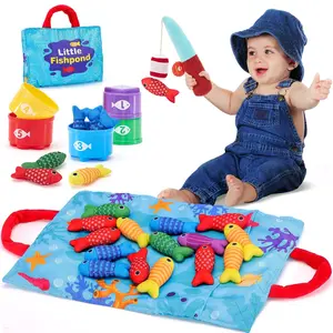 Children Fishing Toy Set, Fabric Number Matching Cups, Foldable Storage Bag, Interactive Sticker Game, Party Gift for Boys & Girls