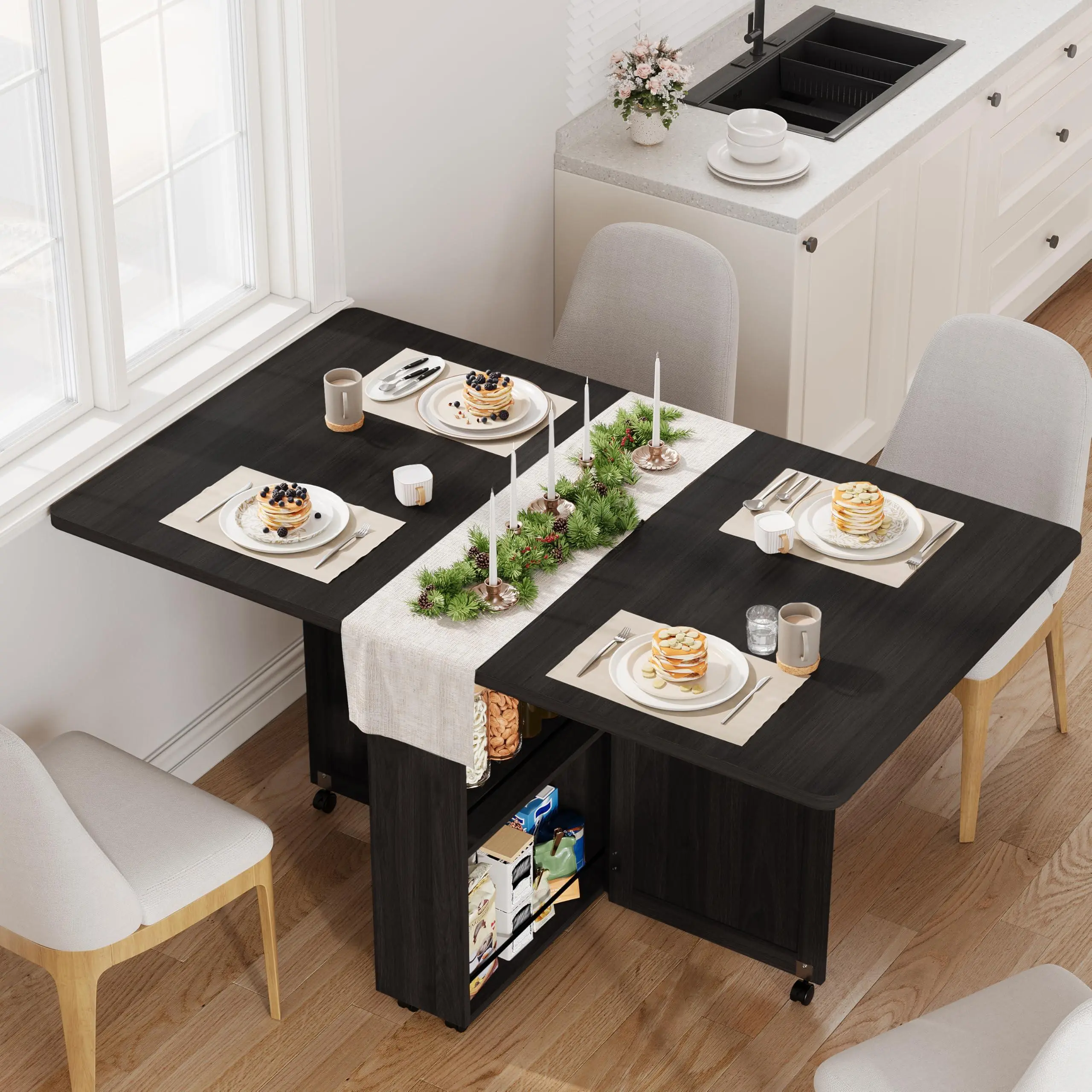 Folding Dining Table with Storage, Folding Kitchen Table with 6 Wheels, Drawer & Shelves, Compact Dining Table for Small Spaces,Black