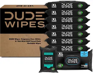 DUDE Wipes - Flushable Wet Wipes for Men, Unscented 8-Pack + Mint Travel Pack (402 Wipes) - Extra Large with Vitamin E & Aloe - Septic Safe, Sewer Safe, Travel-Friendly dude wipes dude  xl
