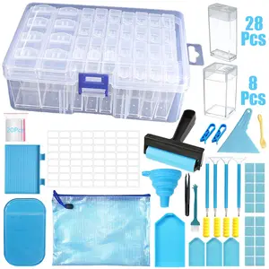 A Complete Set of Diamond Painting Tools and Accessories, Modern Blue and White Style, with Large Storage Box, Roller, Pens, Tweezers, Trays, and Portable Bag, Perfect for DIY Craft Lovers, Beginners, and Kids for Home Art Projects.