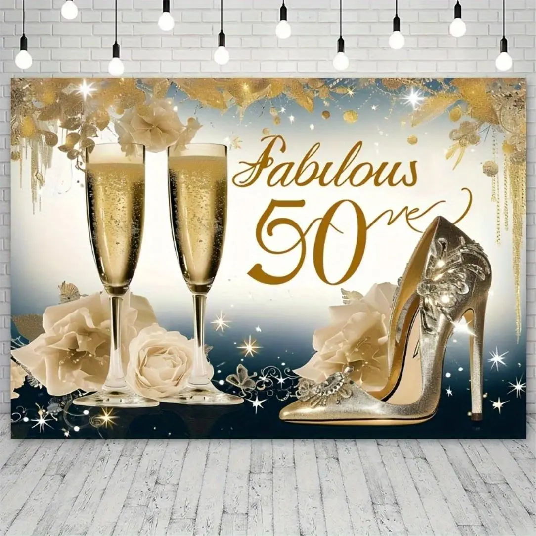 50th Birthday Party Backdrop, Champagne & High Heels Pattern Fabulous 50th Birthday Photography Background, Party Decoration Supplies, Banners, Festive, Shiny Wall Backdrop, Shimmer Wall Backdrop