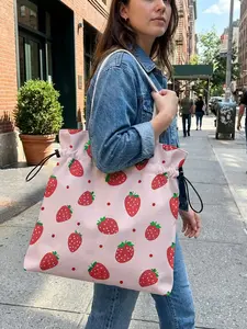 Strawberry Pattern 2D Printed Drawstring Tote Bag, Large Capacity Shopping Bag, Durable and Wear-Resistant, Ideal for Work, Shopping, Picnic