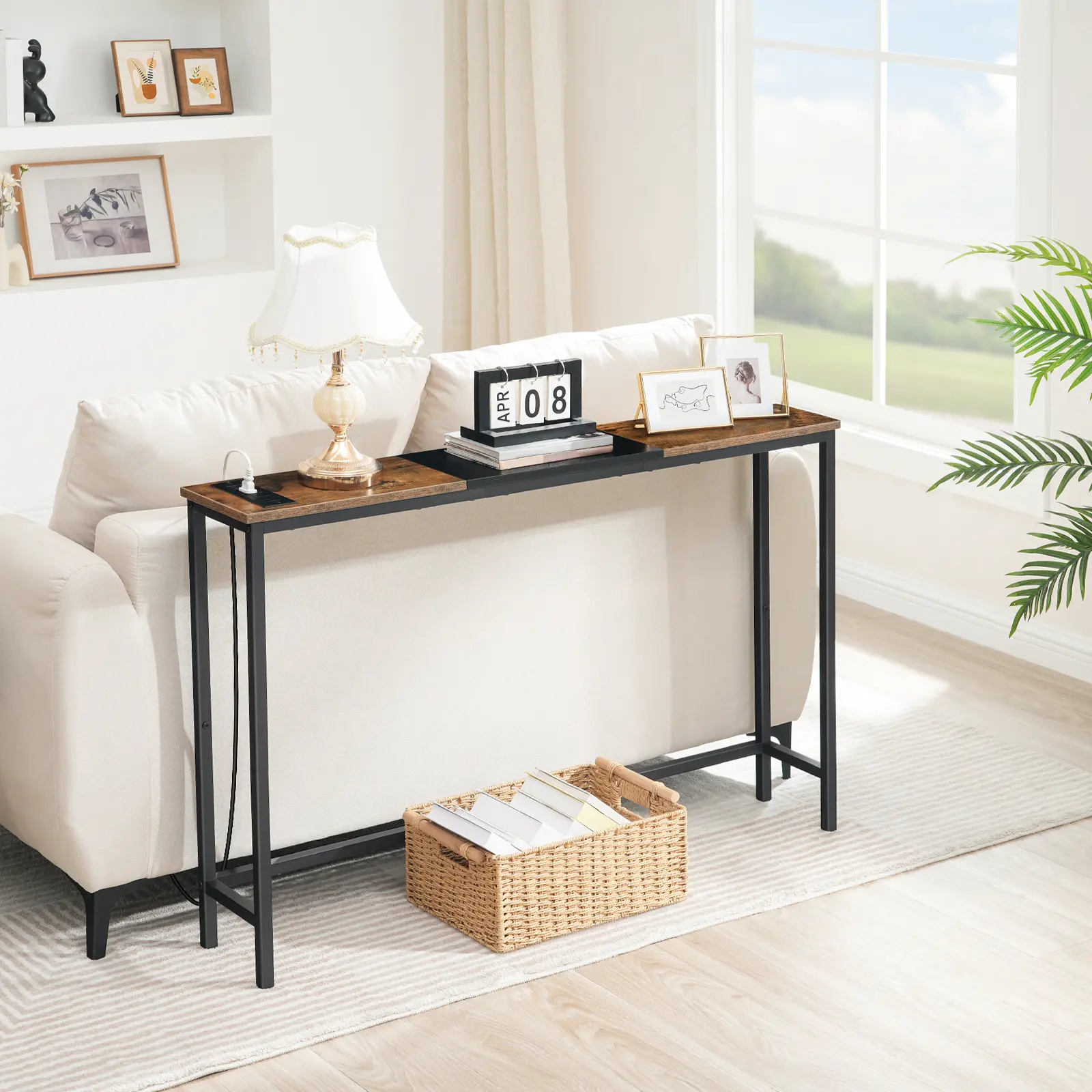HOOBRO 44.9‘’ Couch Table Behind Sofa, Narrow Console Table Sofa Table with Power Outlets, Entryway Display Shelf, for Living Room, Foyer, Hallway, Rustic Brown and Black #SummerVibes