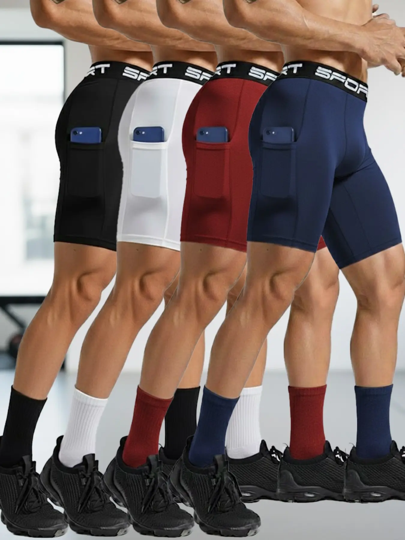4 Pack Men’s Athletic Workout Shorts with Pockets, Solid Color Soft Breathable High Stretch Training Shorts for Gym, Running, Fitness Training, Exercise and Everyday Active Wear, Black White Red Blue Set, Breathable Sport Shorts