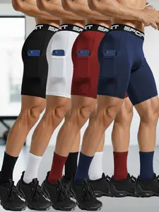 4 Pack Men’s Athletic Workout Shorts with Pockets, Multi Pocket Shorts, Solid Color Soft Breathable High Stretch Training Shorts for Gym, Running, Fitness Training, Exercise and Everyday Active Wear, Black White Red Blue Set