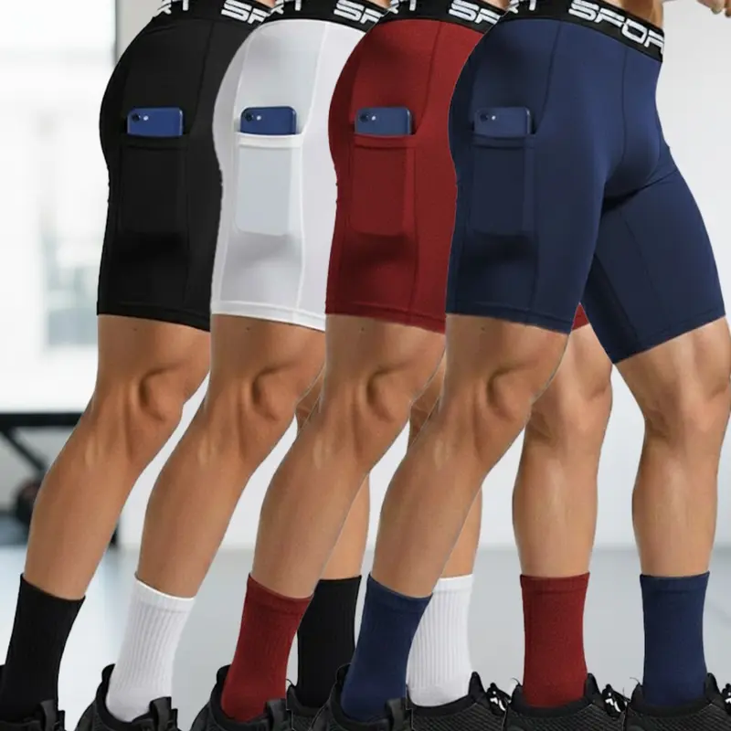 4 Pack Men’s Athletic Workout Shorts with Pockets, Solid Color Soft Breathable High Stretch Training Shorts for Gym, Running, Fitness Training, Exercise and Everyday Active Wear, Black White Red Blue Set, Breathable Sport Shorts