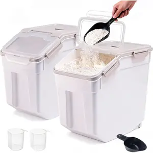2Pcs Large Flour Storage Container Bin 50Lb Airtight Rice Storage Containers with Wheels Seal Locking Lid, BPA Free with Measuring Cup & Scoop for Flour Rice Grain, 100LBS Total, Grey