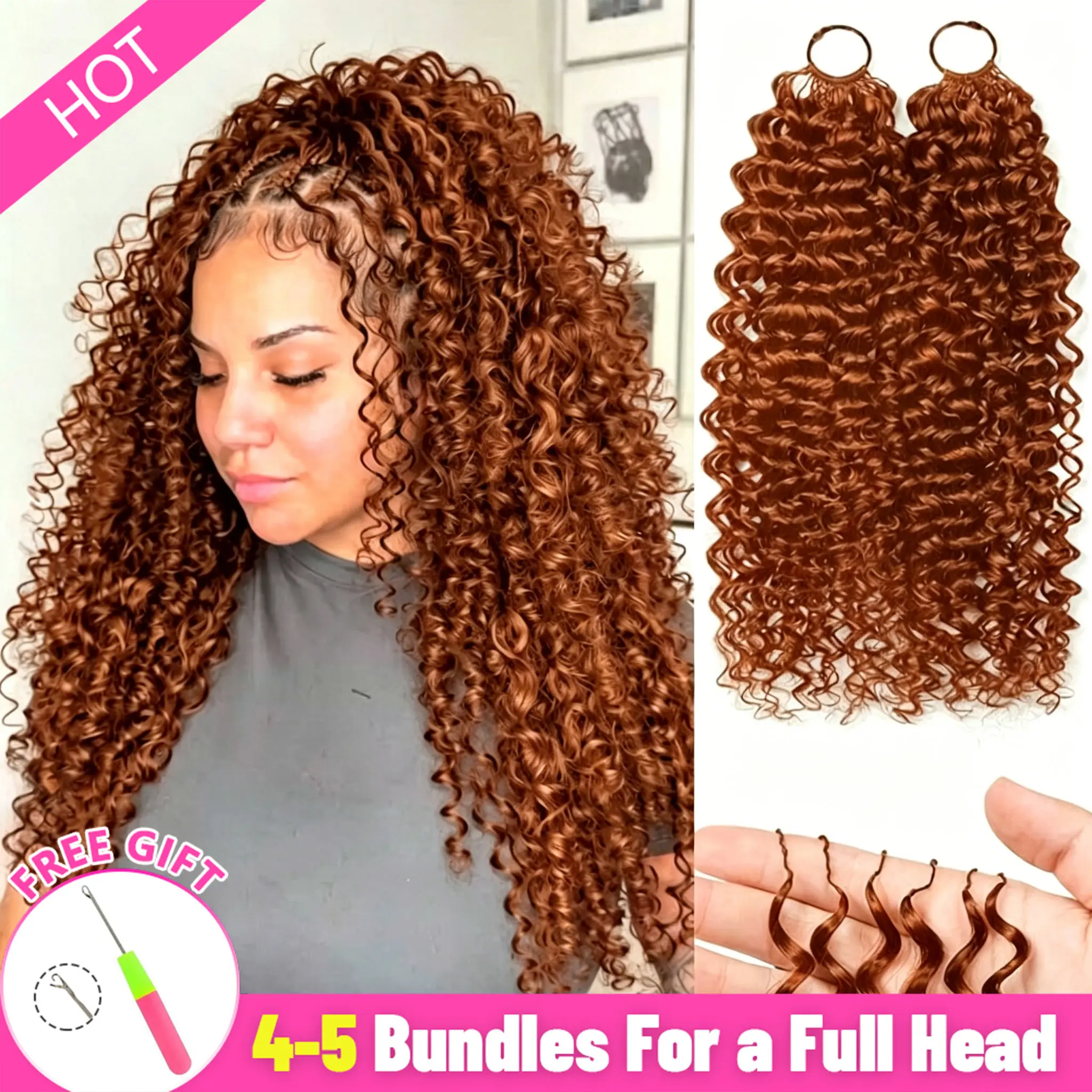 Women's Bling Pre-Looped Crochet Human Hair Extensions - 16~24 Inches Short, Burmese Curly, Dark Ginger Orange-Reddish Brown, Beach Curl, Deep Wave, Feather Texture, Clip-On, Ponytail Extensions, Hair Braids #SohoChic#tiktokshopstockup