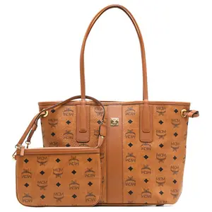 MCM Liz Monogram Tote Bag with Leather Trim, Small Size, for Women, in Brown and Cognac