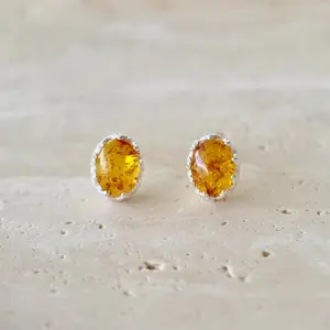 Amber Earrings • Dainty Sterling Silver Crown Setting • 925 Sterling Silver • Handmade Oval Gemstone Earrings • Genuine Amber Gemstone
