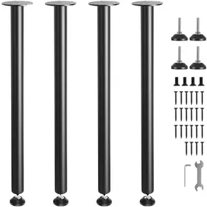 30 Inch Solid Steel Adjustable Desk Leg Set - Heavy Duty Black Office Table Support Legs, Height Adjustable, Durable Metal Desk Frame, Fits Most Desks, Four Legs With Mounting Plates, Modern Industrial Computer Workstation