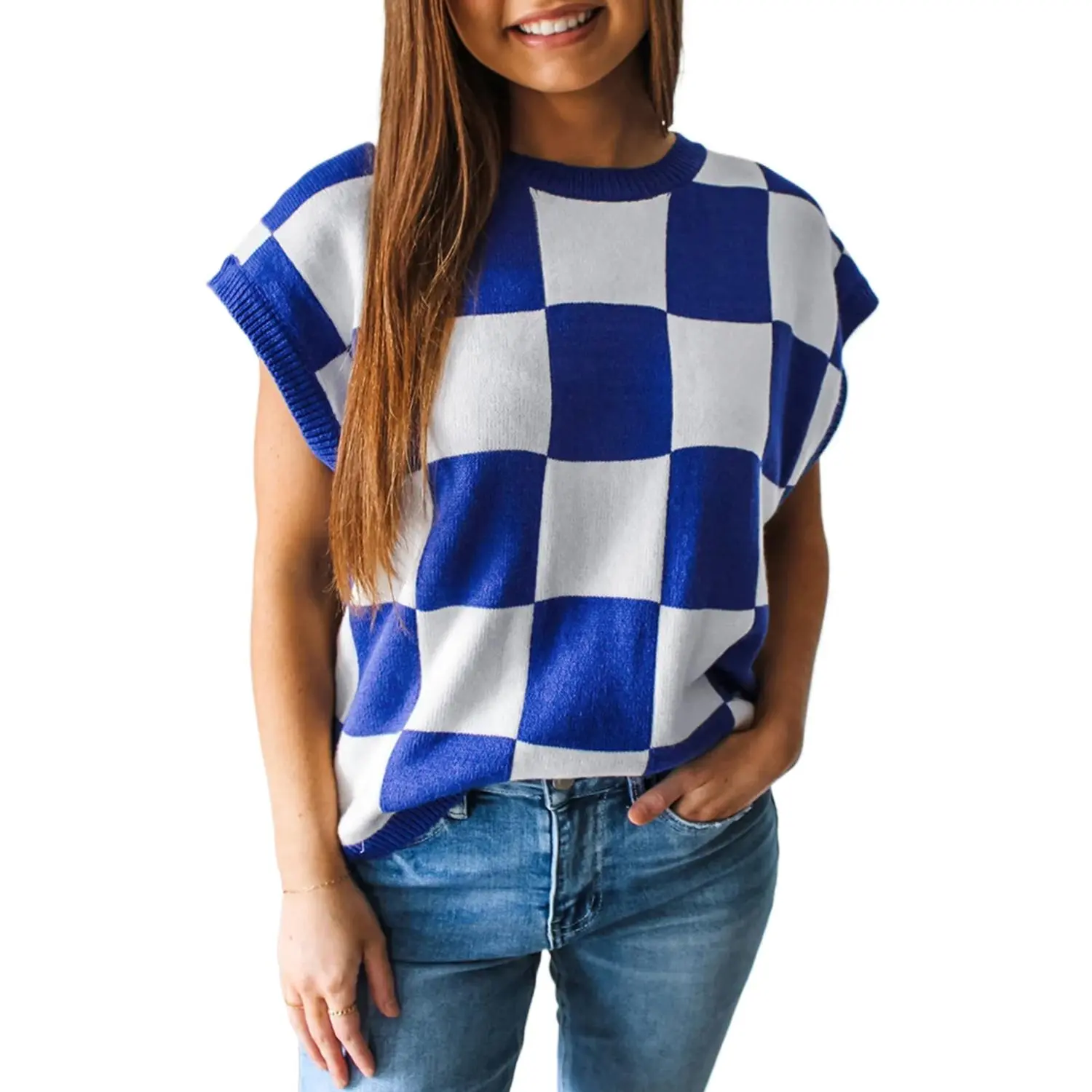 Women's Dark Blue Checkerboard Round Neck Sweater Vest - Classic & Versatile