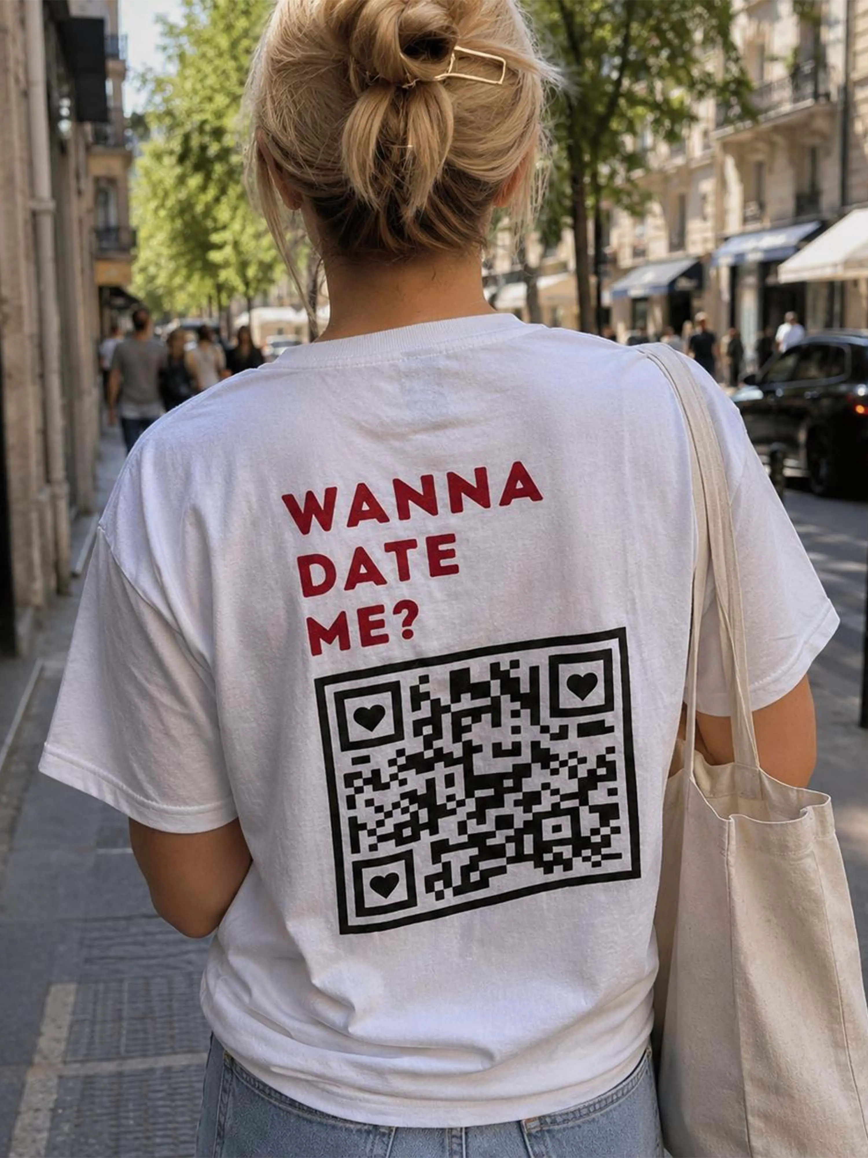 BojjiCo Personalized QR Code Cotton T-Shirt Wanna Date Me Funny Graphic Tee Men Women Custom Scan Code Sarcastic Washed Shirt Trendy Back Print Casual White Short Sleeve Crewneck Top Novelty Interactive Dating Joke Apparel