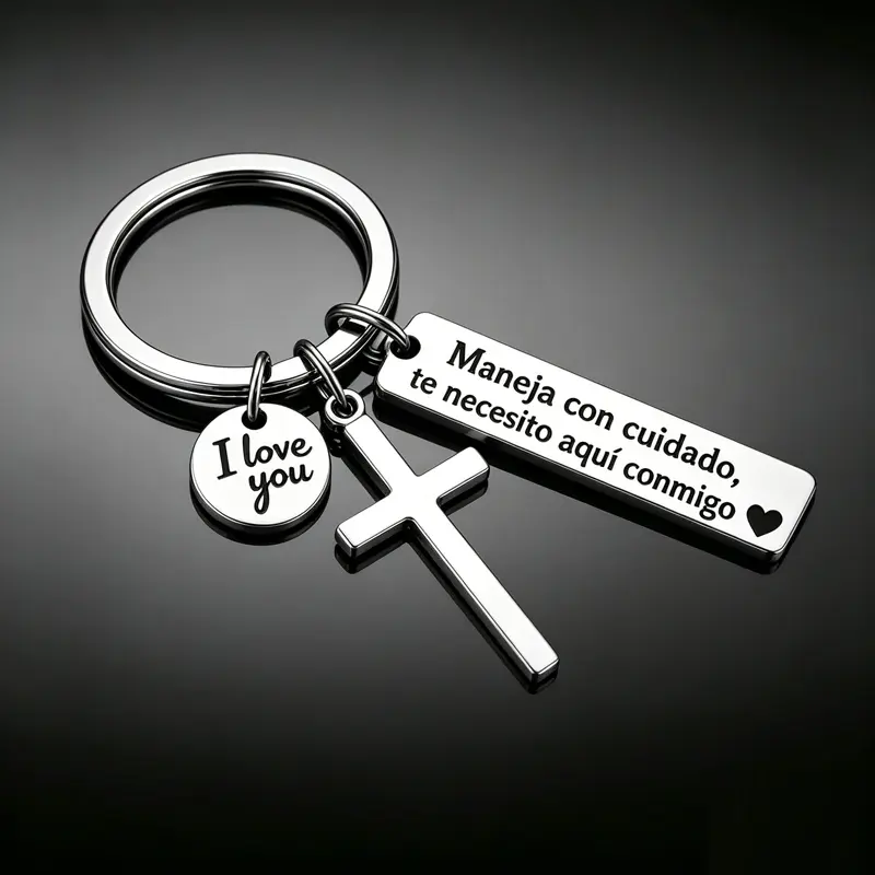 Maneja Con Cuidado Te Necesito Aquí Conmigo Keychain with Cross & "I Love You" Charm, Spanish Drive Safe Stainless Steel Keyring, Romantic Religious Gift for Him/Her Adjustable Heart Rate Couples Bracelet Set Rotating Retractable Reading Badge Holder, Key