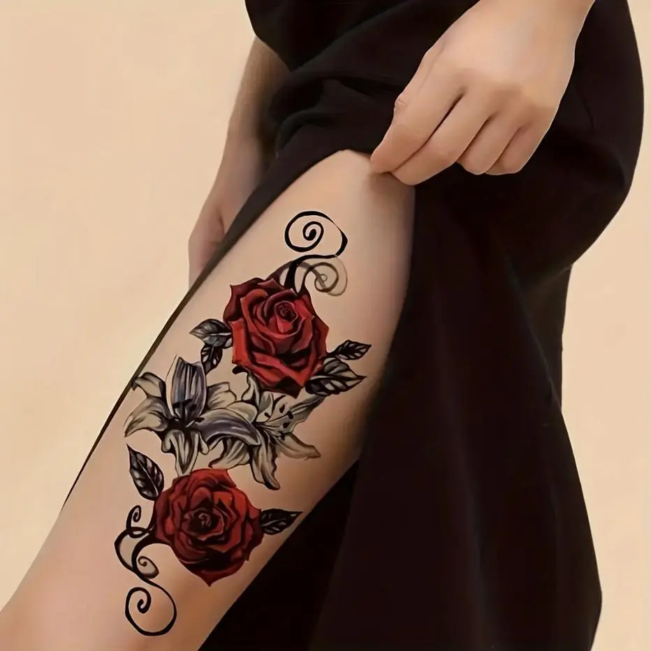 Romantic Youth Solid Red Henna Leaves Waterproof Temporary Tattoo Stickers, Rose Pattern, Sweatproof, Long-Lasting Semi-Permanent, 6 Stickers (3 Fixed Items + 3 Random Designs), Waterproof Temporary Tattoos