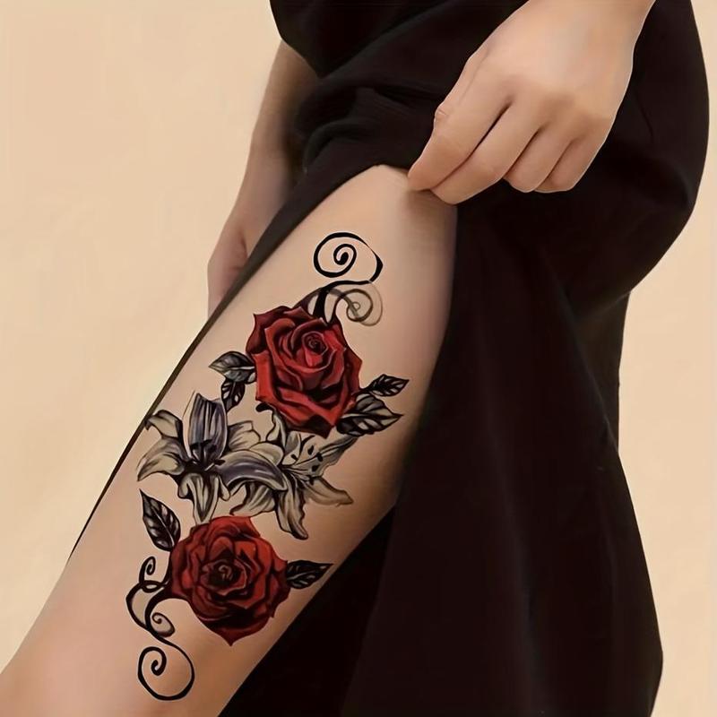 PVC Solid Red Henna Leaves Temporary Tattoo Stickers - Rose & Oblong Patterns, Styling, Waterproof, Sweatproof, Long Lasting, Non-Toxic Ink & Materials, 6 Stickers (3 Fixed + 3 Random Designs), Single Item