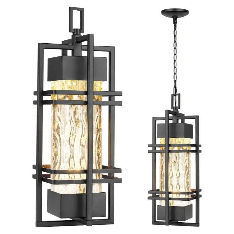 Large Outdoor Pendant Light Fixture, 14.1" Modern Ceiling Hanging Lantern | Waterproof, Metal Frame, Stone Bubble Glass, Adjustable Height Chain Max 94", E26 Base, Included 6W T30 Bulb, for Porch