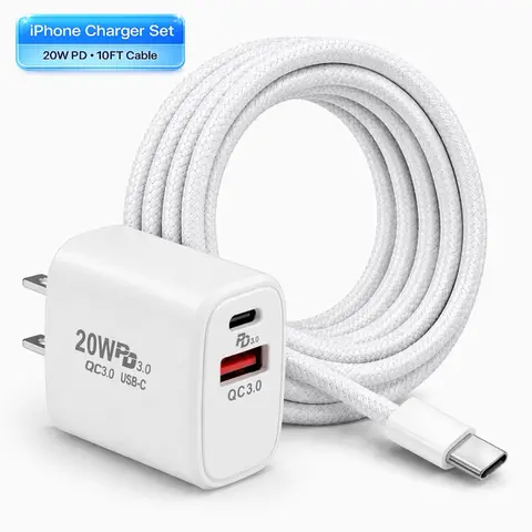 iPhone Charger Set - 10FT Braided Cable, 20W Dual Port USB-USB-C PD Fast Charging Adapter for iPhone Duo 18/17/16/15/14/13/12/11/XR/XS Max/8/7/6/5, iPad, AirPods, Smartphone, Cellphone & Other Mobile Electronic Devices