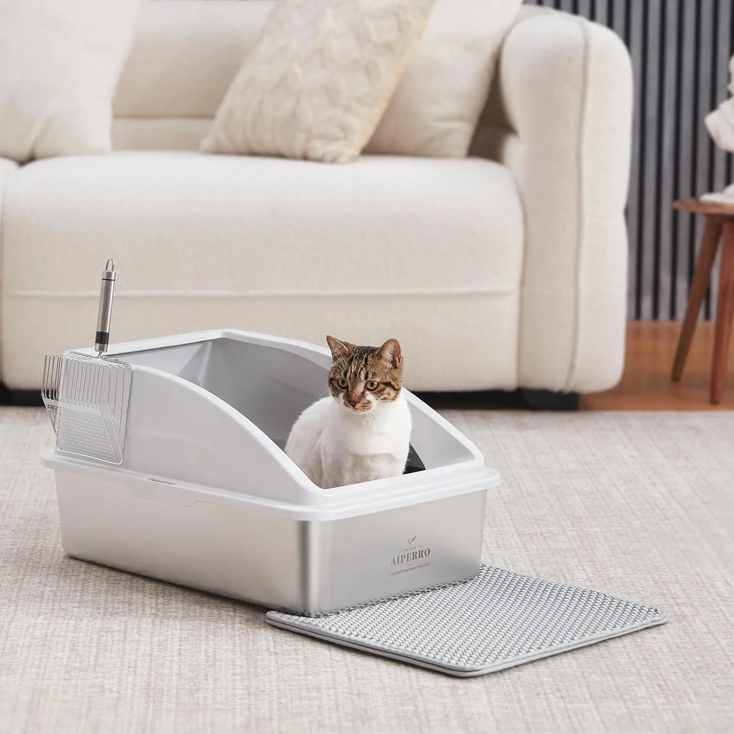 AIPERRO Stainless Steel Litter Box | XL Enclosed Cat Litter Boxes with Lid for Big Cats | High Sided, Anti-Urine Leakage | Non-Stick Bottom & Includes Litter Mat & Metal Scoop