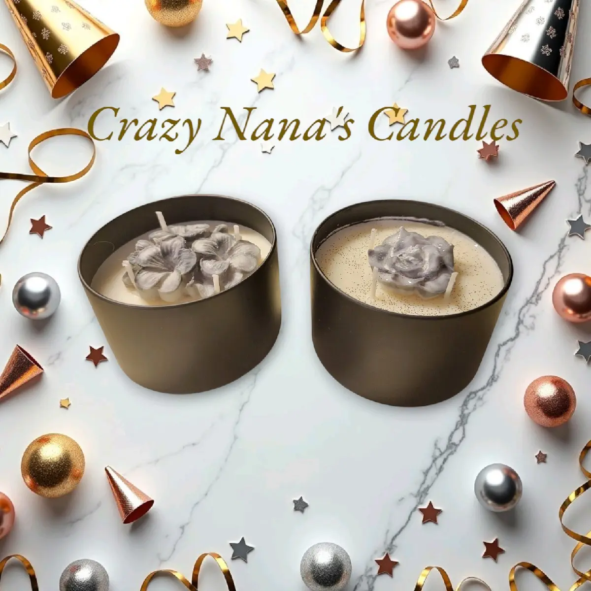 Crazy Nana's Candles - Candles in Tins with Decorative Elements and Gold Accents for Home Decor and Ornaments