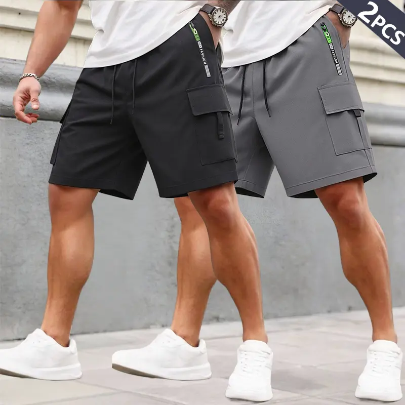 Men’s summer athletic shorts with a drawstring elastic waistband and zippered pockets; functional cargo-style casual shorts; new American retro mid-length streetwear for outdoor wear; trendy brand casual sports running shorts with multiple pockets, a loos